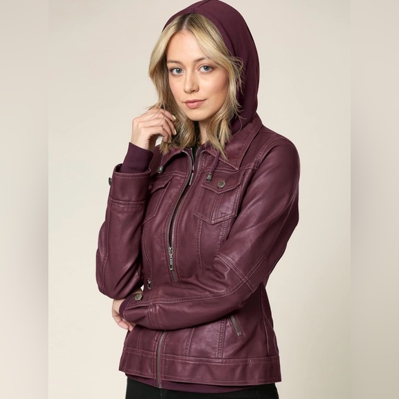 Faux Leather Jacket Women Motorcycle Coat for Biker with Removable Hood -wine - Picture 6 of 7